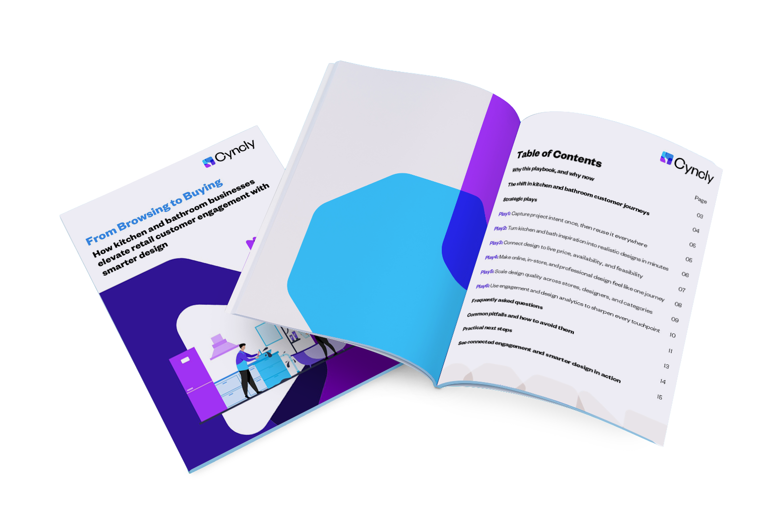 Open book mockup of Cyncly’s “From Browsing to Buying” playbook displaying cover art and contents focused on connected retail engagement and smarter kitchen and bathroom design.