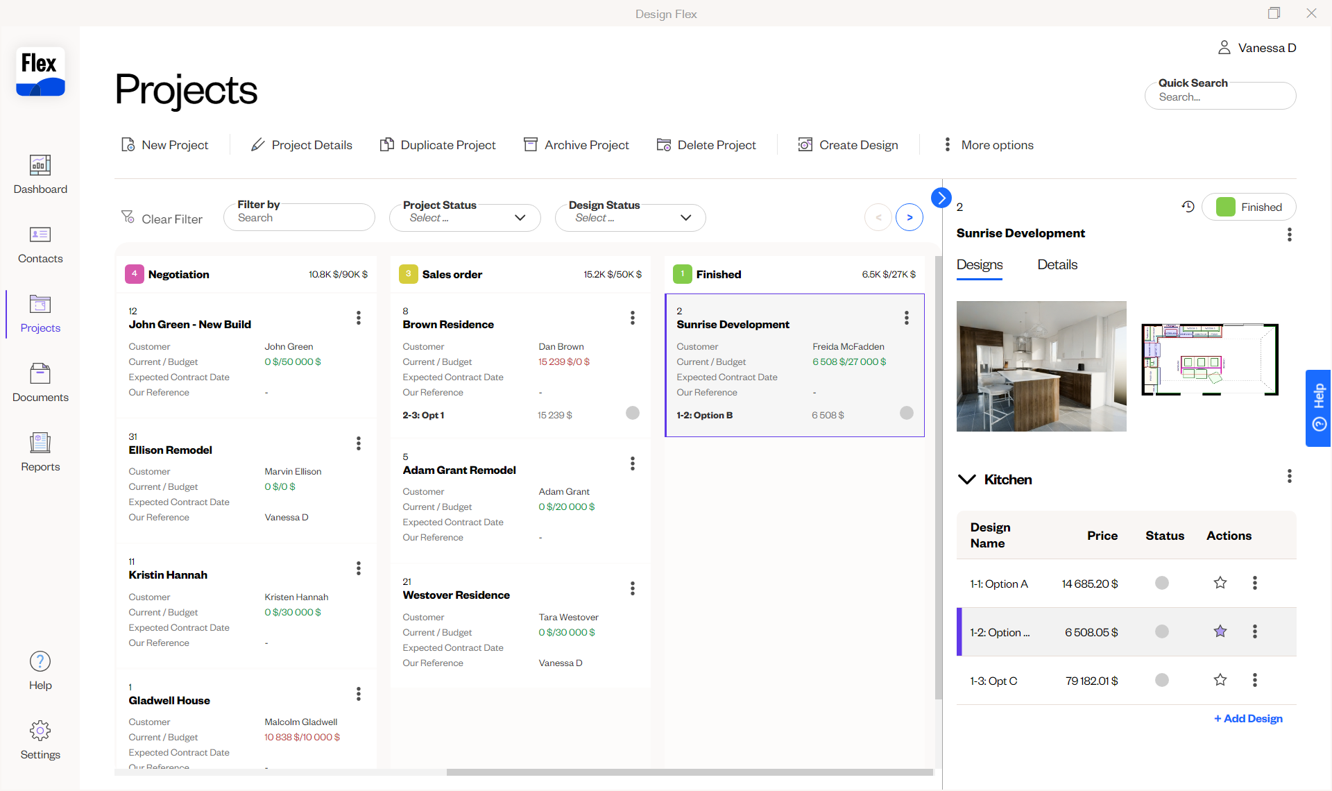 Design Flex project management interface – A screenshot of the Design Flex software, displaying multiple project statuses and kitchen design details.