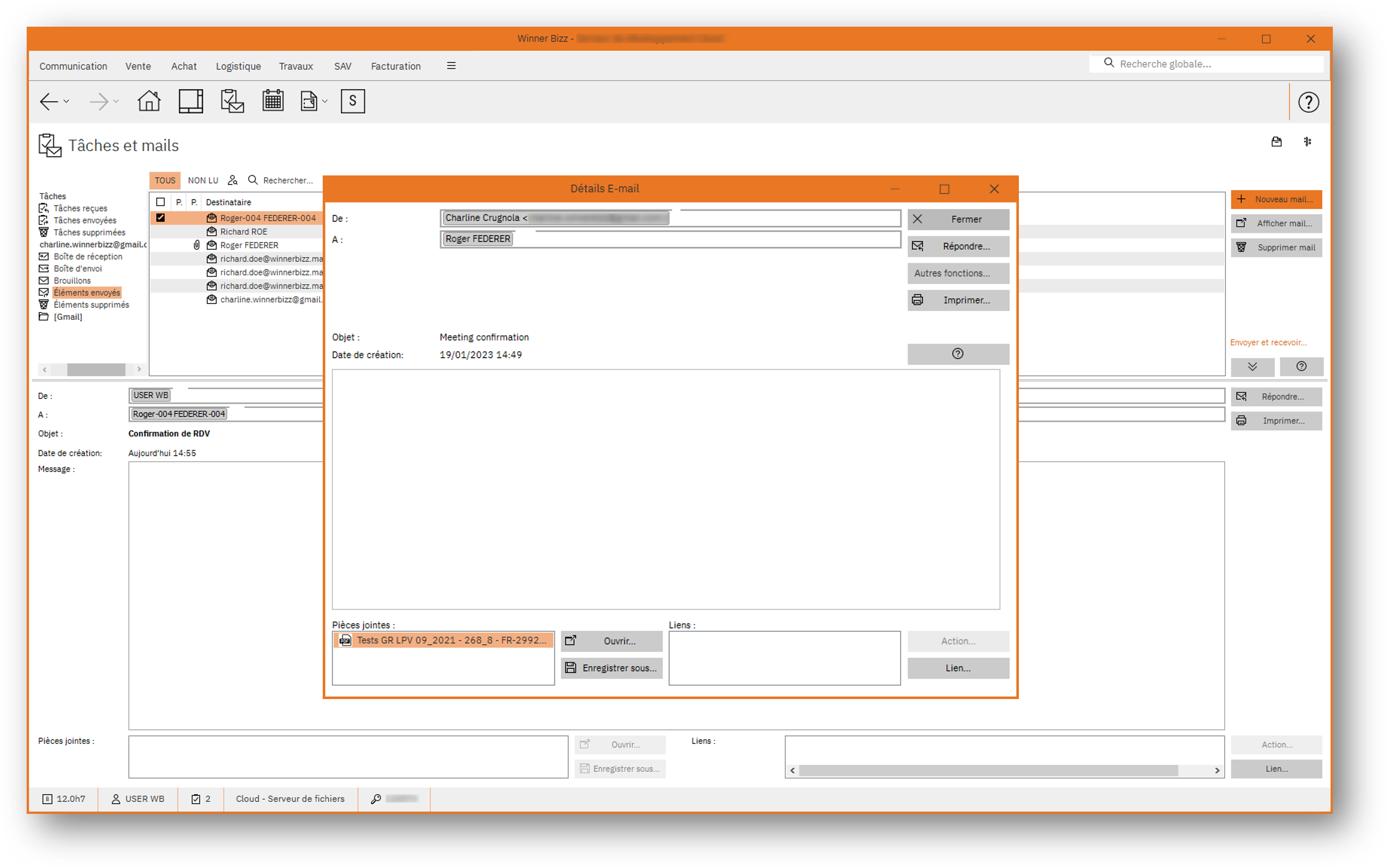Screenshot of the Winner Bizz software's email module showing a detailed view of an email message with fields for sender, recipient, subject, and attached files.