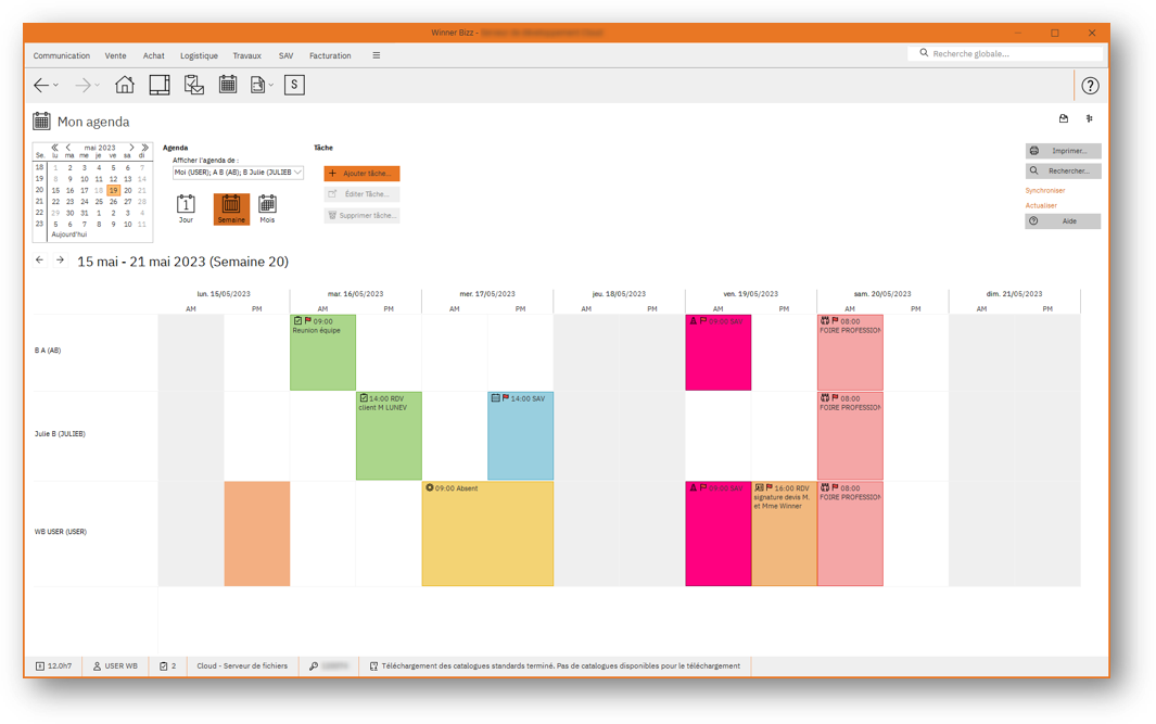 Screenshot of the Winner Bizz software's agenda, displaying a week view of scheduled tasks and appointments with color-coded events and an integrated calendar navigation.