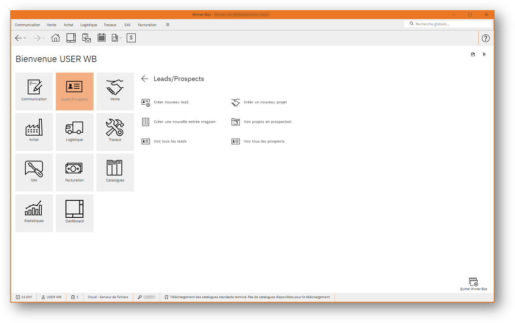 Screenshot of the Winner Bizz software's Leads/Prospects page, featuring options to create new leads, view all leads, and track sales prospects.